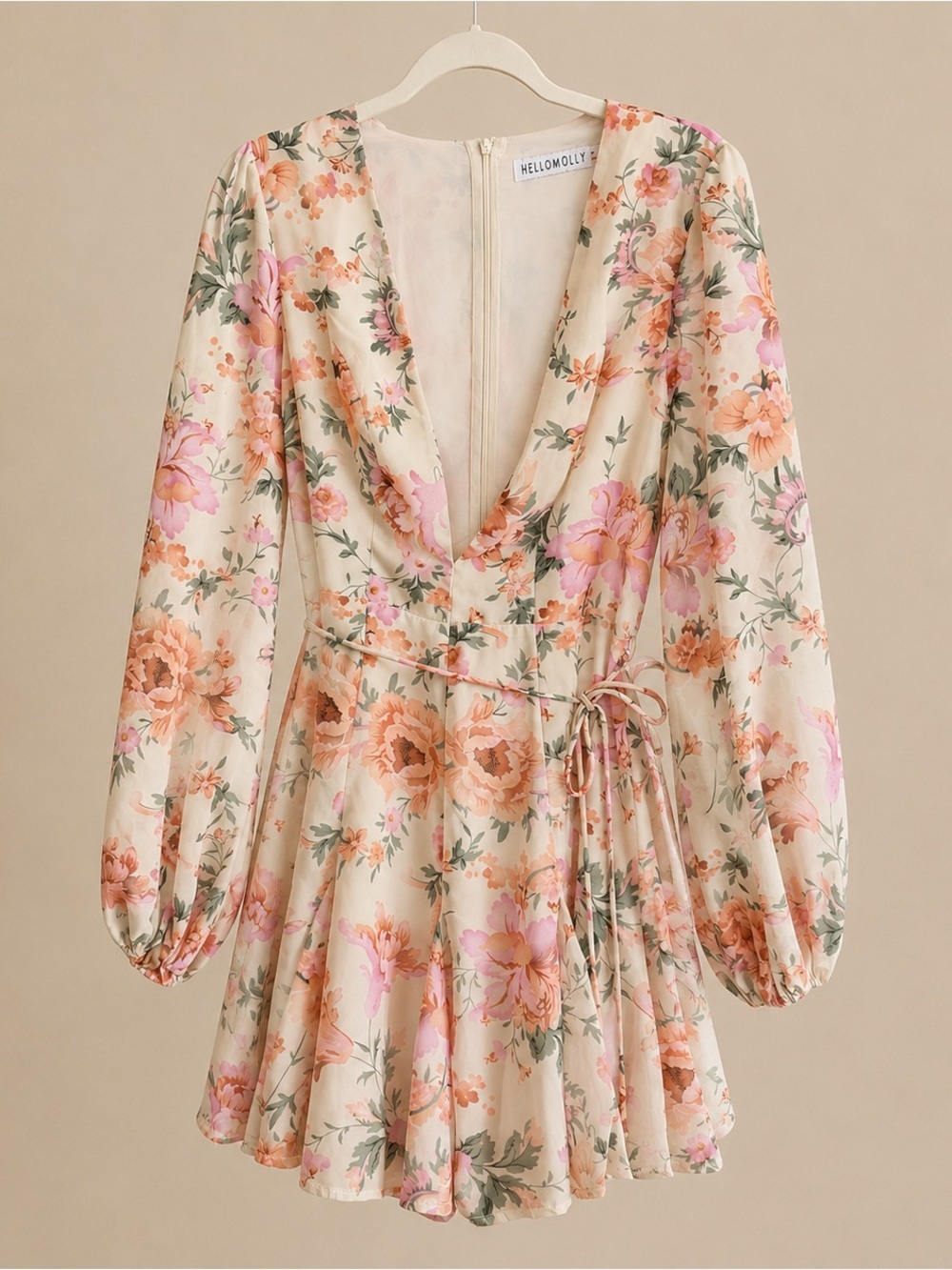 Hello Molly Size Medium Floral Mini Dress Cream Pink Peony Print Long Sleeve